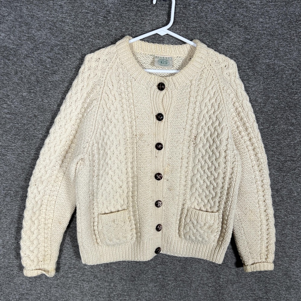 Blarney Woollen Mills Sweater Mens Large White 100% Wool Aran Handknit Cardigan